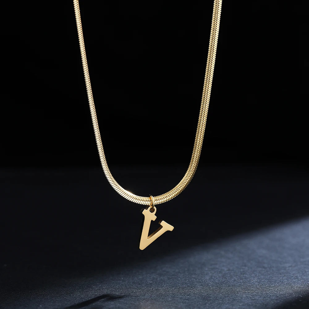 A-Z Alphabet Gold Plated Stainless Steel Pendant Necklace for Women Snake Chain Initial Letter Clavicle Necklaces Collar Jewelry