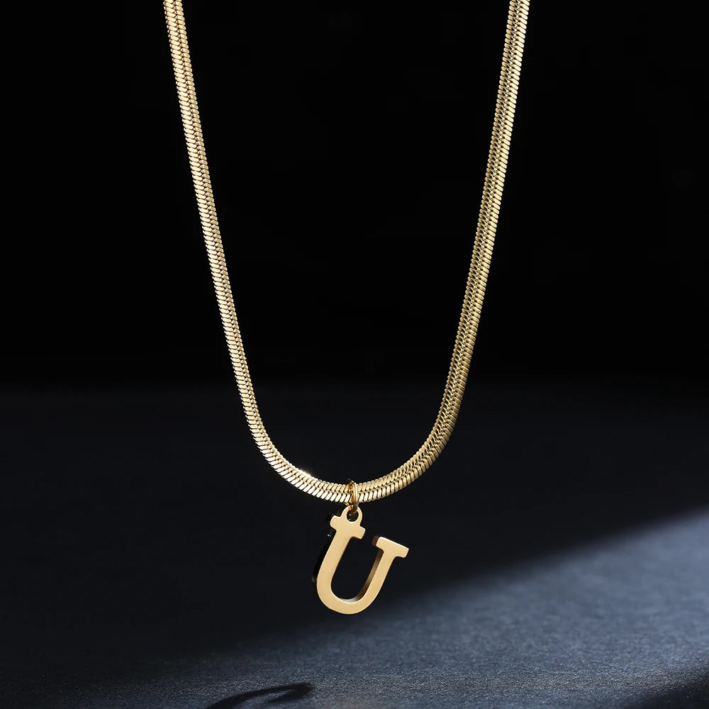 A-Z Alphabet Gold Plated Stainless Steel Pendant Necklace for Women Snake Chain Initial Letter Clavicle Necklaces Collar Jewelry