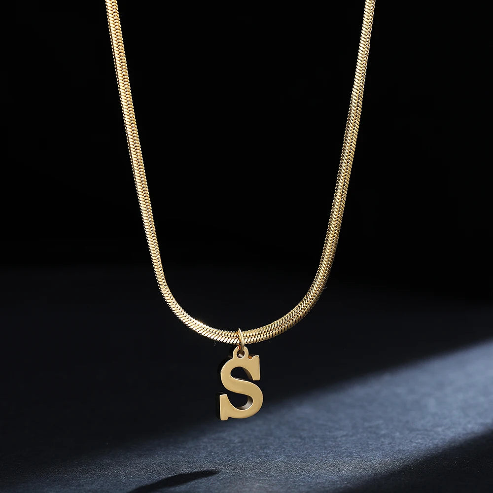 A-Z Alphabet Gold Plated Stainless Steel Pendant Necklace for Women Snake Chain Initial Letter Clavicle Necklaces Collar Jewelry