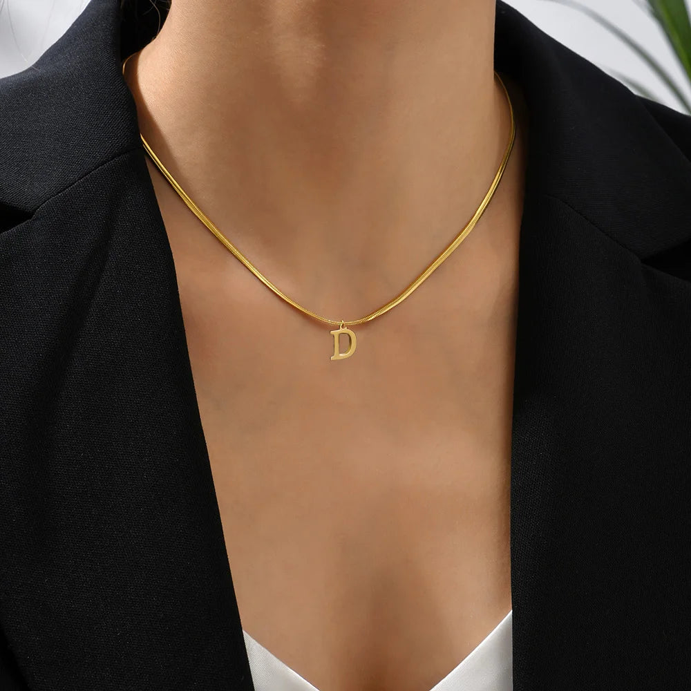 A-Z Alphabet Gold Plated Stainless Steel Pendant Necklace for Women Snake Chain Initial Letter Clavicle Necklaces Collar Jewelry