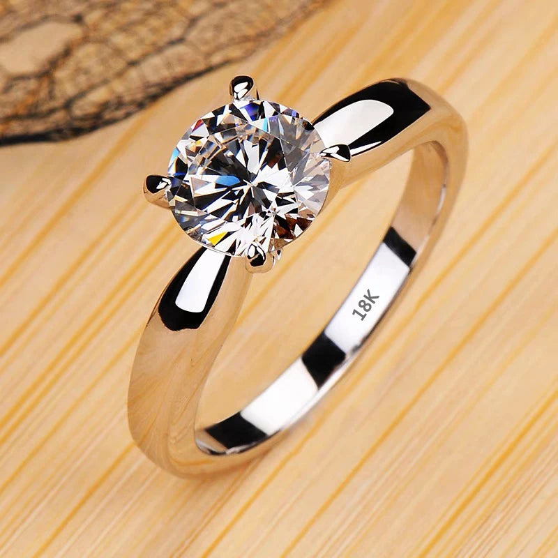 Never Fade Luxury Classic 18K White Gold Color Ring Solitaire 2 Carat Zirconia Diamant Wedding Band Women Jewelry Accessories