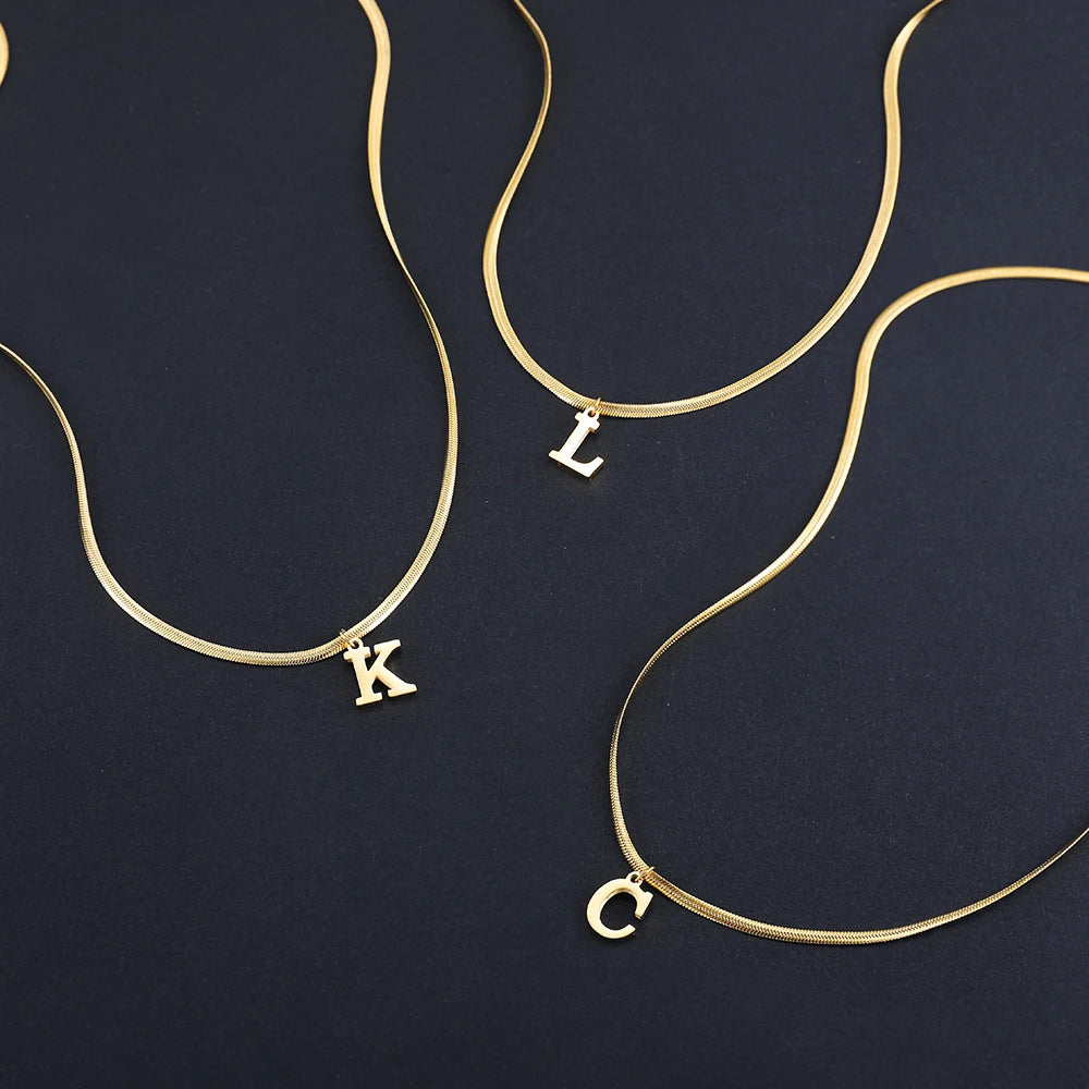 A-Z Alphabet Gold Plated Stainless Steel Pendant Necklace for Women Snake Chain Initial Letter Clavicle Necklaces Collar Jewelry